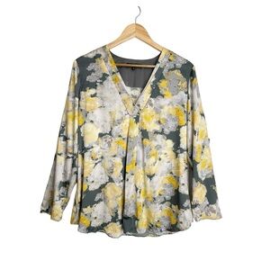Lafayette 148 New York Yellow, Gray & White Floral V-Neck Blouse